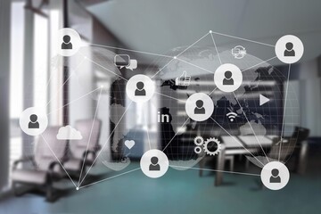 Abstract set of social icons on office background