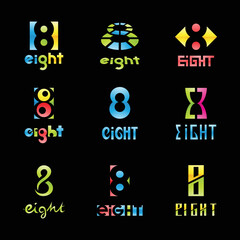 Colorful Glossy Number 8 Icons on a Black Background