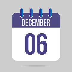 6 december calendar vector. Calendar icon for december with marked date. Design for schedules, meetings and appointments