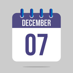 7 december calendar vector. Calendar icon for december with marked date. Design for schedules, meetings and appointments