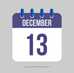 13 december calendar vector. Calendar icon for december with marked date. Design for schedules, meetings and appointments
