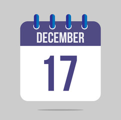 17 december calendar vector. Calendar icon for december with marked date. Design for schedules, meetings and appointments