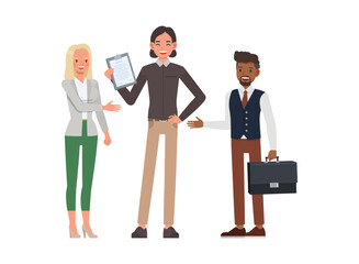 Business relationships concept. Office man and woman character vector design. Business people working in office planning, thinking and economic analysis on isolated white background.