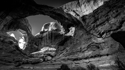 Black and White Photo of Double Arch in Arches National Park near Moab, Utah, United States