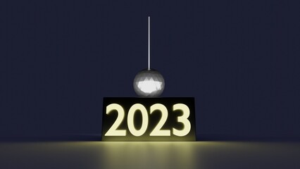 3D render of 2023 ball drop with 2023 illuminated and shining on a reflective surface. Dark blue background