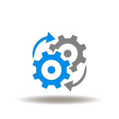 Vector illustration of gears with round arrows. Symbol of cog mechanism process. Icon of technical progress.