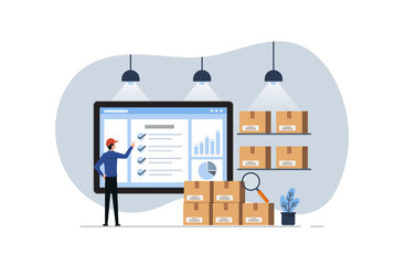Inventory control by online system, inventory management with goods demand, professional worker is checking goods and stock supply - obrazy, fototapety, plakaty