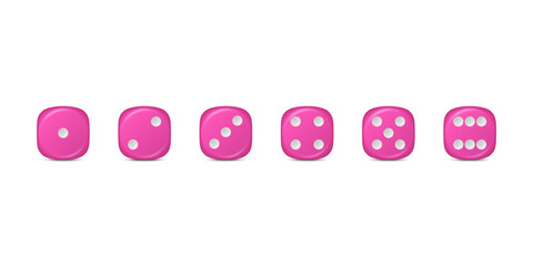 Vector 3d Realistic Pink Game Dice Icon Set Closeup Isolated. Game Cubes for Gambling, Casino Dices From One to Six Dots, Round Edges