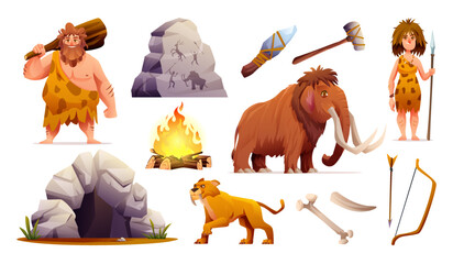 Set of prehistoric stone age people, tools and ancient wild animals cartoon illustration