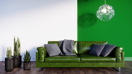Green sofa against the background of  green and white background. Green flowers. 3d render