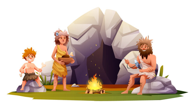 Cartoon caveman family activity in front of cave. Stone age prehistoric people illustration