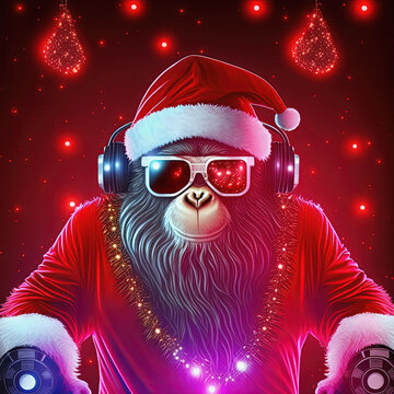 Gorilla dj in Santa Claus costume, headphones and sunglasses Digitally generated image. Not based on any actual scene or pattern