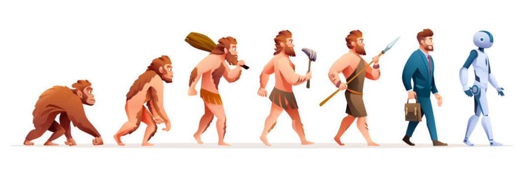 Human evolution from monkey to cyborg or robot vector illustration