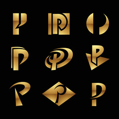 Golden Glossy Letter P Icons on a Black Background