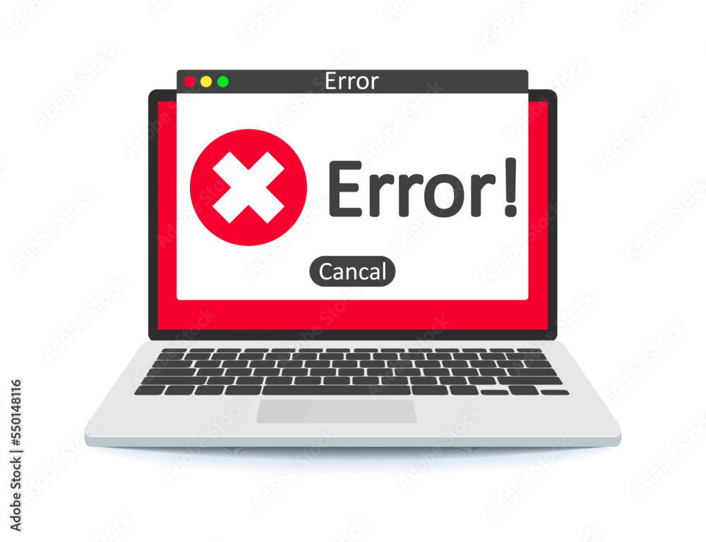 Poster Error message on laptop screen. Error warning sign on the screen of a computer device.
