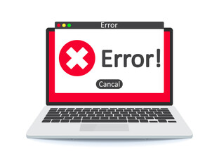 Error message on laptop screen. Error warning sign on the screen of a computer device.