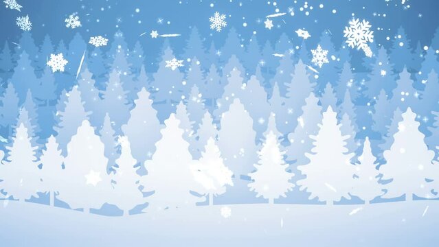 2d winter landscape with trees and snow blue flat style parallax animated background, digital looping animation perfect for christmas greetings


