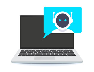 Chat with a chatbot online on a laptop. Website virtual assistance robot. Online support bot. Chatbot communication. Concept of artificial intelligence.