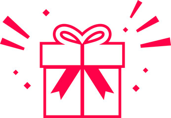 Simple gift box icon. Surprise red gift box, birthday celebration, special give away package, loyalty program reward, wonder gift with exclamation mark.