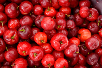 Fresh organic cherry acerolas close-up forming a background pattern.