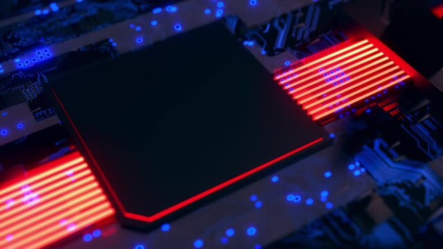Abstract circuit board animation selective focus. red with blue that represents the heat in operation. Can be used text input or banner related to innovation and industry technology. 3D Render.