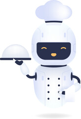 White friendly chef robot holding a serving tray and white towel. Cooking Robot Artificial Intelligence concept.