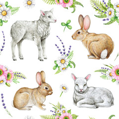 Springtime Easter seamless pattern with bunny, lamb and flowers. Watercolor illustration. Hand drawn cute little rabbit, white newborn lamb, daisy flowers, lavender, poppy seamless border