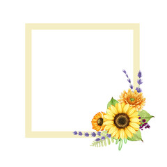 Garden summer flowers bright decorative square frame. Watercolor illustration. Hand drawn sunflower, lavender, calendula flowers, green leaves, grass decor frame. Rustic style decor. White background