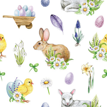 Easter flower festive traditional decor element seamless pattern. Watercolor illustration. Hand drawn bunny, chicks, eggs, lamb, spring garden flowers seamless pattern. Easter decoration elements