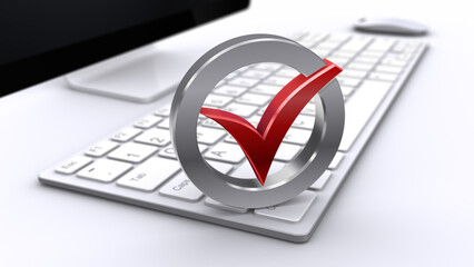 チェックマークとデスクトップパソコン、情報チェックのイメージ