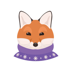 Funny fox in warm scarf on white background