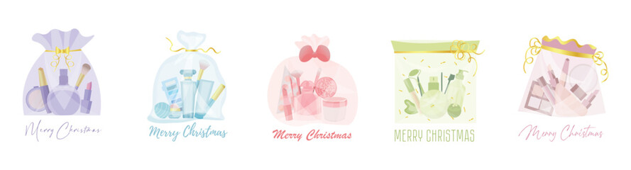 Set of gift bags with makeup cosmetics on white background. Christmas celebration