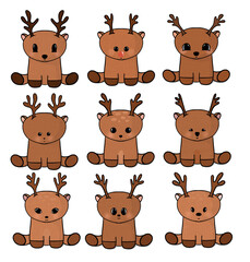 Collection of Nine Isolated Cartoon Reindeer one with a Red Nose