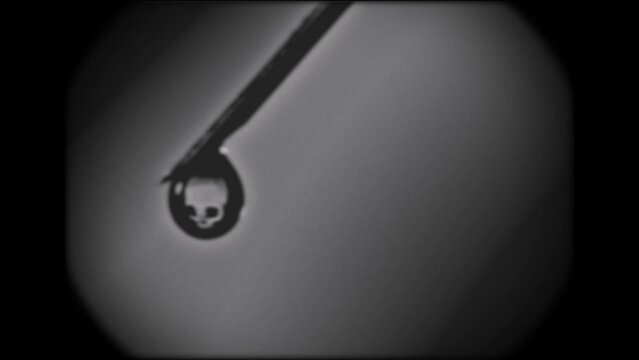 DEADLY DRUGS DRIP FROM A VINTAGE SYRINGE TIP.  FULL HD, MACRO, BLACK AND WHITE.