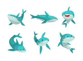Comic Blue Shark with Fins as Marine Animal Smiling and Floating in the Ocean Vector Set