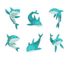 Comic Blue Shark with Fins as Marine Animal Smiling and Floating in the Ocean Vector Set
