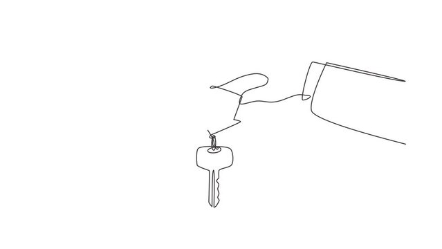 Animated self drawing of single continuous line draw for rent house, concept. Real estate agent holds the key from the home. Template for sale, rent home, mortgage. Full length one line animation
