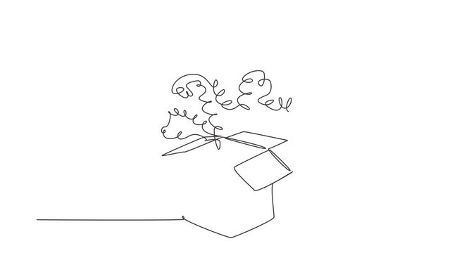 Animated self drawing of single continuous line draw open gift box and confetti. Enter to win prizes. Present package with bursting elements, surprise inside, birthday. Full length one line animation