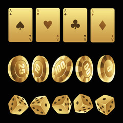 Golden Playing Cards Roulette Chips and Dices on a Black Background
