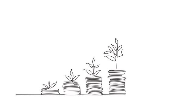 Animated self drawing of continuous line drawing step of coins stacks, money, saving and investment or family planning. Concept for return money saving and investment. Full length one line animation