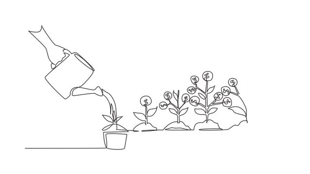 Animated self drawing of continuous line draw hand with can watering money plant in pot. Step of coins stacks, money saving and investment or family planning concept. Full length single line animation