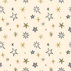 many star shapes seamless pattern Gift Wrap background wallpaper retro old line art etching vector