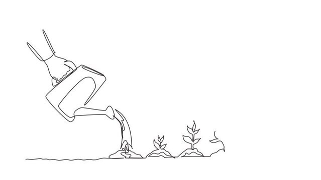 Animated self drawing of single continuous line draw hand with can watering plant at garden. Earth day save environment concept. Growing seedling forester planting. Full length one line animation