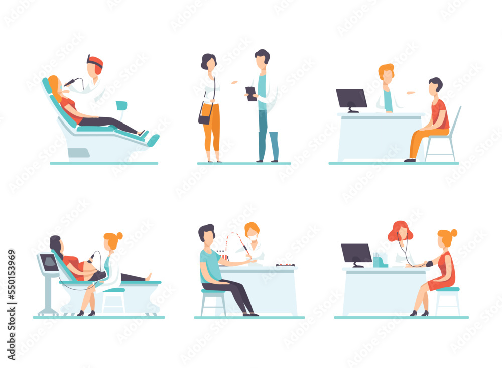 Sticker medical physical health checkup with doctor therapist examinig patient vector set