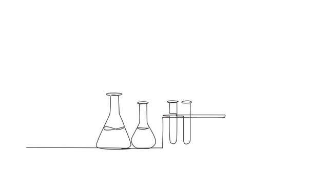 Self drawing animation of single line draw chemical research laboratory equipment. Chemistry laboratory glassware. Graduated lab test tube, beaker, flask. Continuous line draw. Full length animated