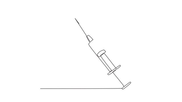 Self drawing animation of single line draw disposable syringe with needle. Applicable for vaccine injection, vaccination. Plastic syringe with needle. Continuous line draw. Full length animated