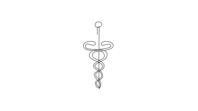 Animated self drawing of single continuous line draw caduceus, medical center, pharmacy, hospital with popular symbol of medicine. Medical health care icon logo. Full length one line animation