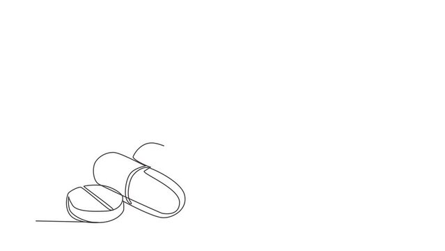 Self drawing animation of single one line draw set of pills and capsules isometric icon. painkillers, antibiotics, vitamins and aspirin. Medical pills icon. Continuous line draw. Full length animated
