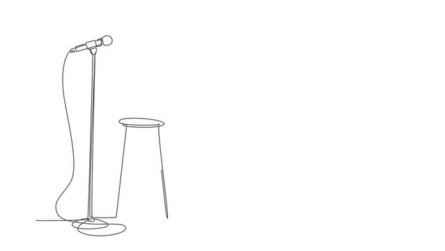 Animated self drawing of single continuous line draw microphone and stool on stand up comedy stage. Equipment at night club or bar for stand up comedian performance. Full length one line animation