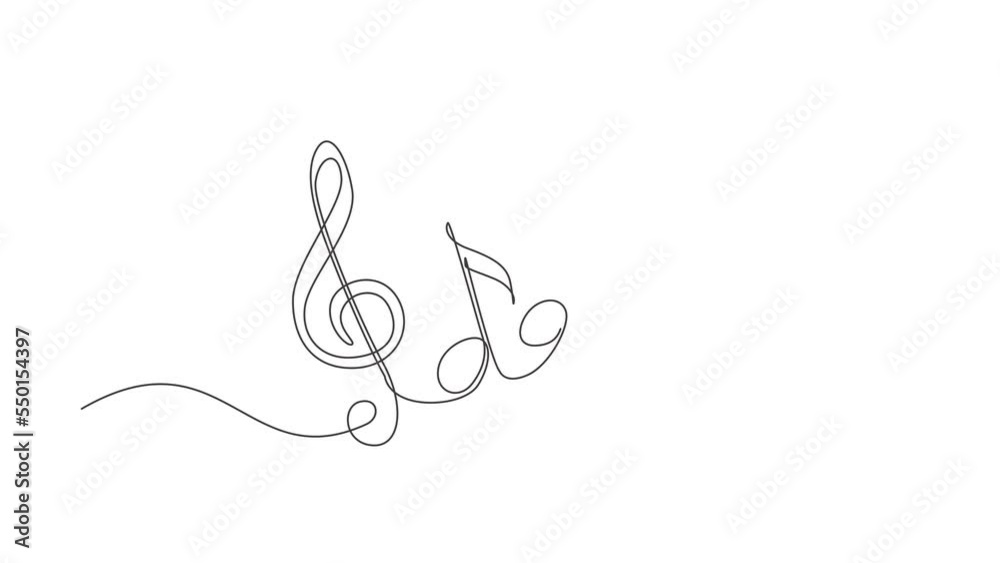 Poster animated self drawing of continuous one line draw music notes on stave. musical symbol in one linear